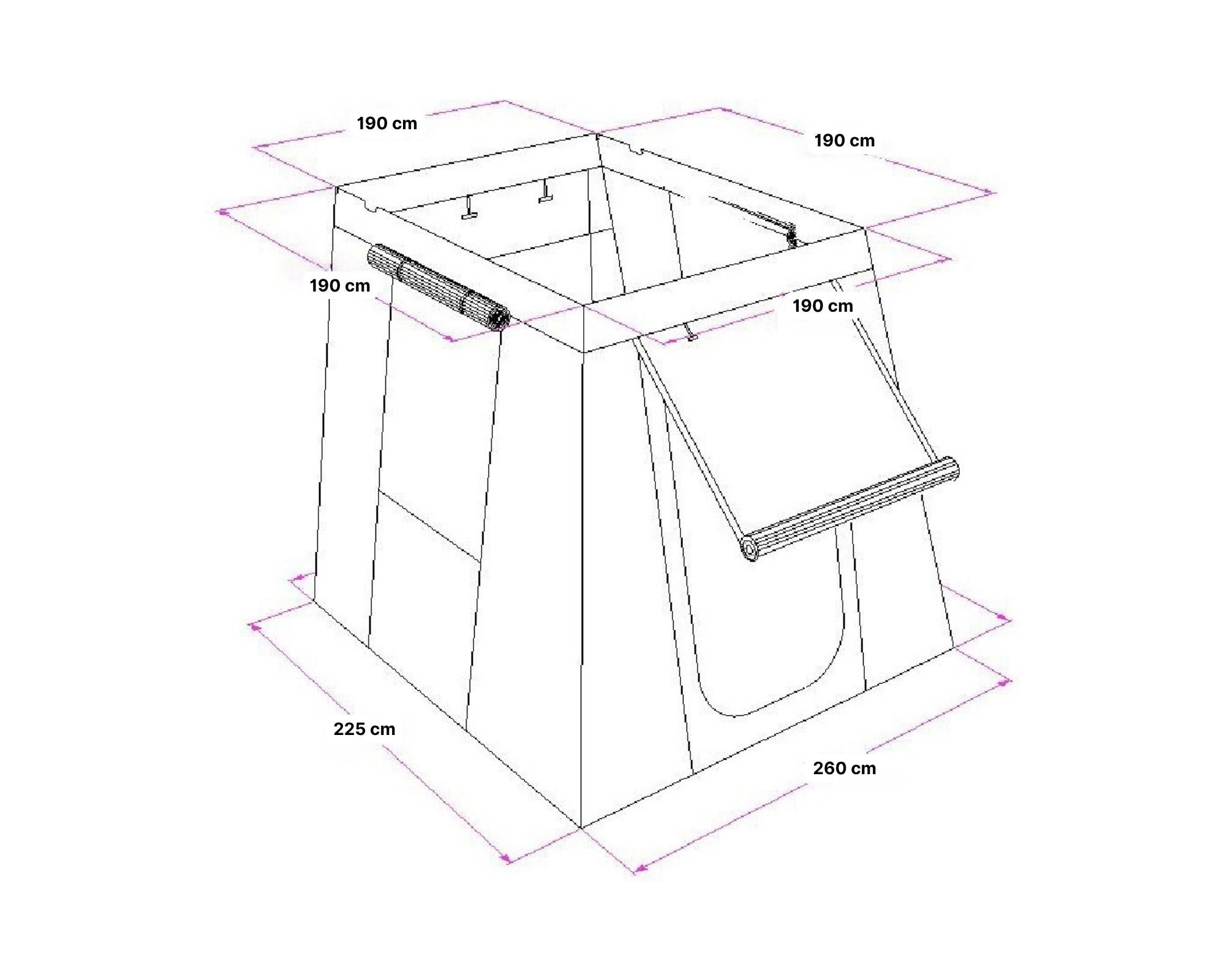 Das Vorzelt wird oben am Dachzelt an der Kederleiste und mit Reißverschluss befestigt. Nach unten hin wird das Vorzelt breiter. Daher ergibt sich ein Bodenmaß von 225 cm Länge, 260 cm Breite und 190 cm Höhe.